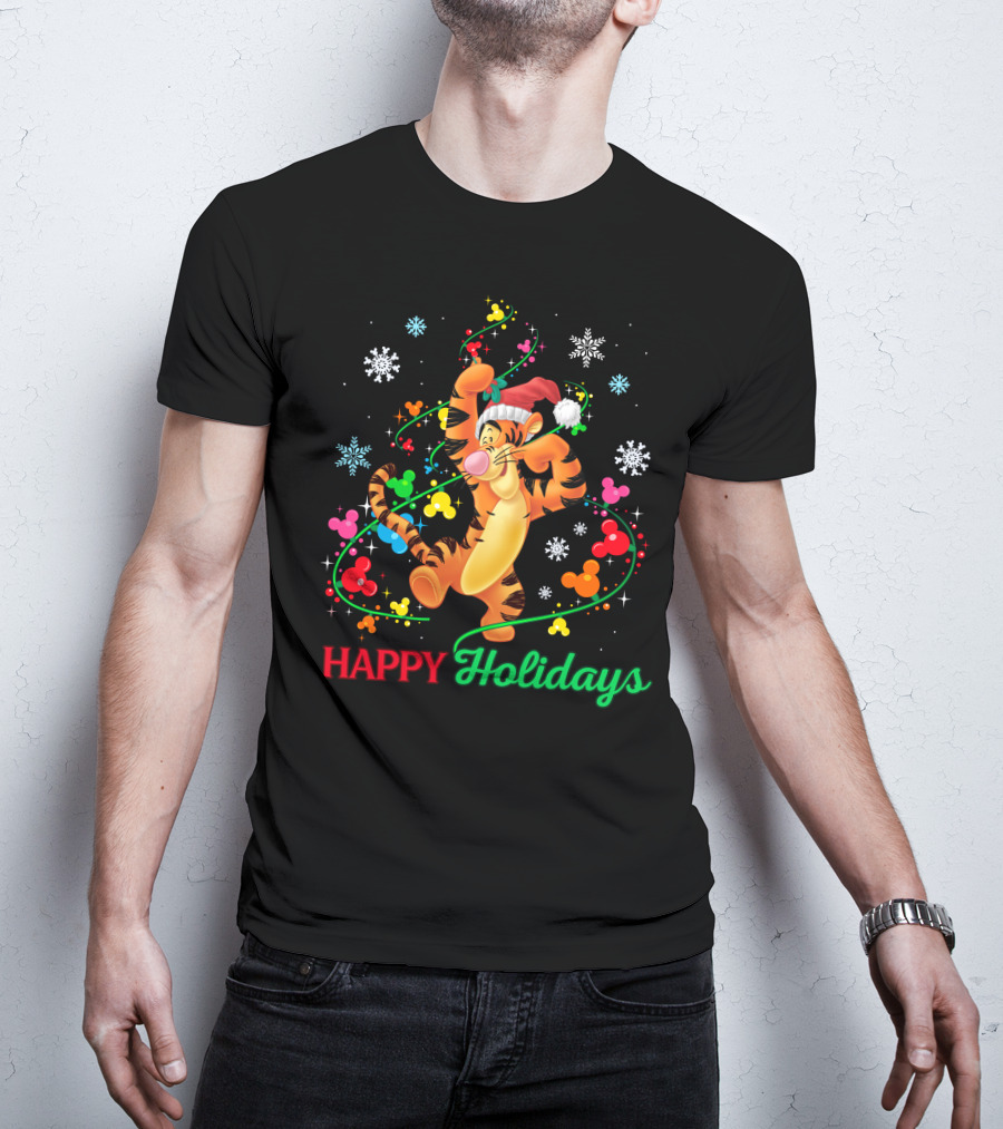 Tigger Happy Holidays Santa Hat Colorful Ornaments Mickey Mouse Ears Snowflakes T-Shirt