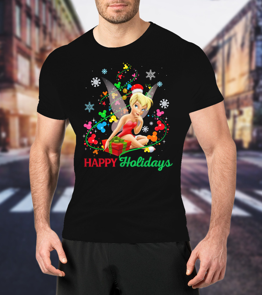 Happy Holidays Tinkerbell Santa Hat And Present T-Shirt
