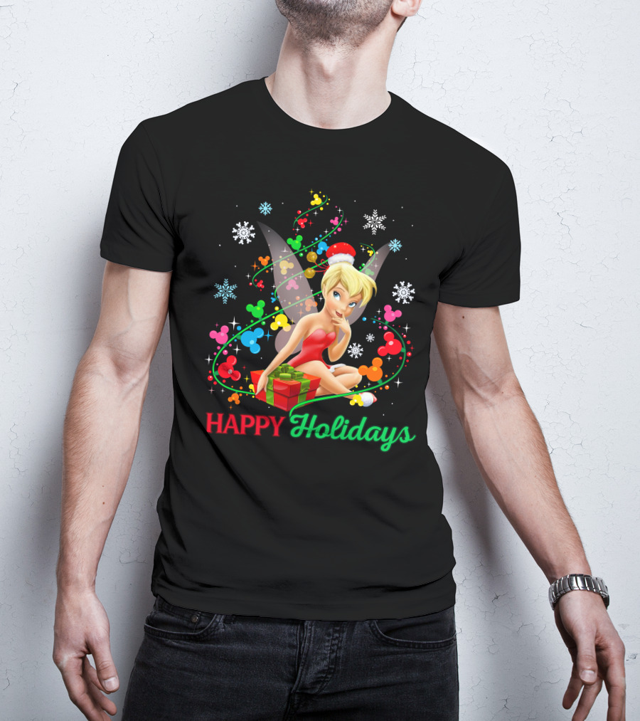 Happy Holidays Tinkerbell Santa Hat And Present T-Shirt