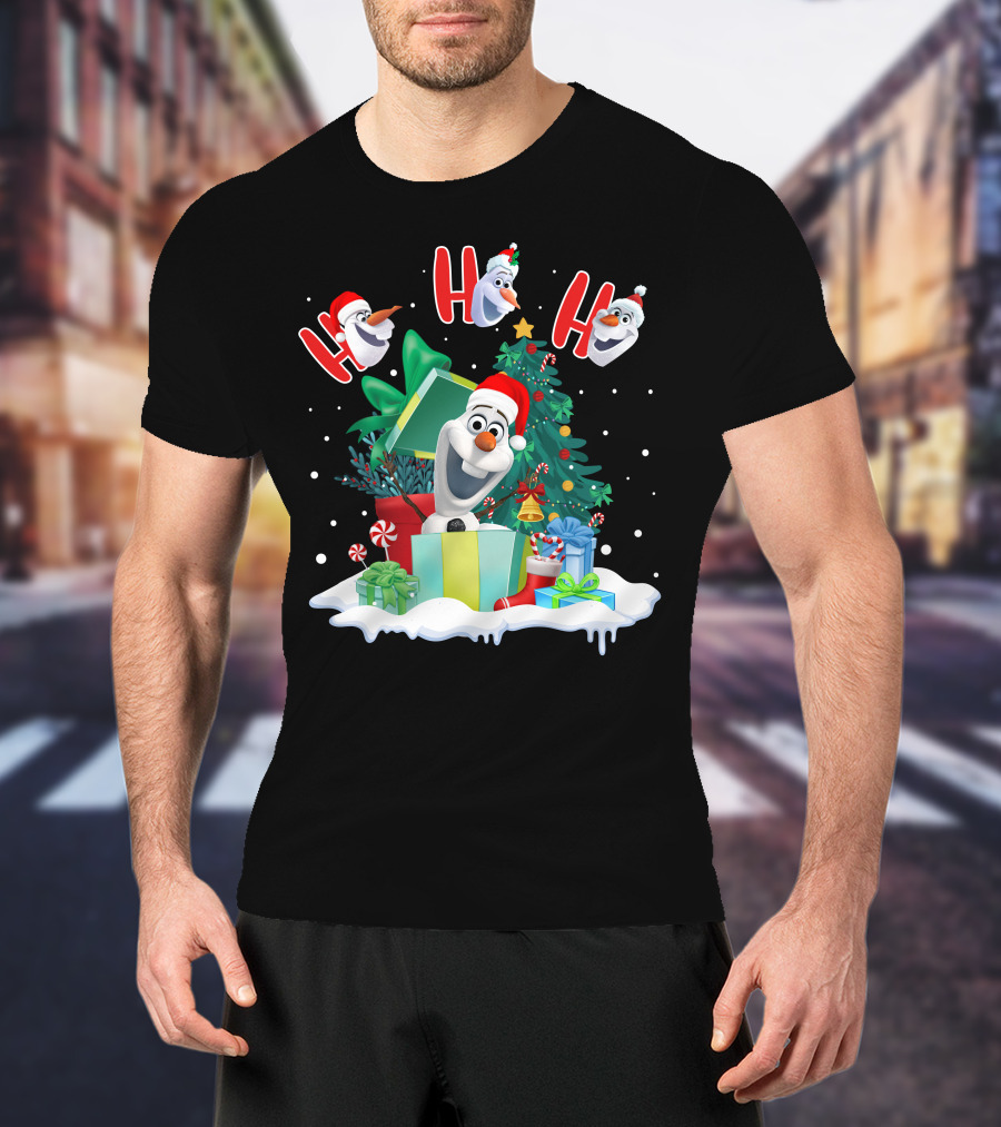 Olaf Christmas Santa Hat Presents Snowman Festive Holiday Tree Ho Ho Ho T-Shirt