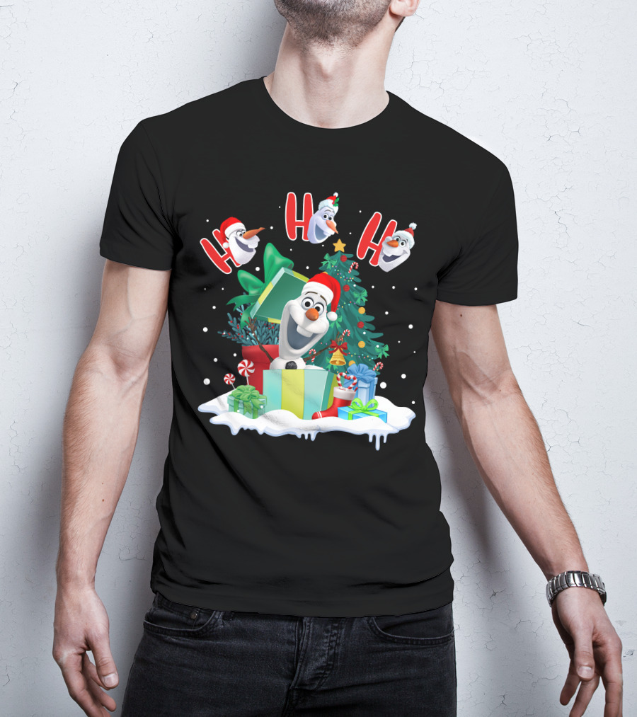 Olaf Christmas Santa Hat Presents Snowman Festive Holiday Tree Ho Ho Ho T-Shirt