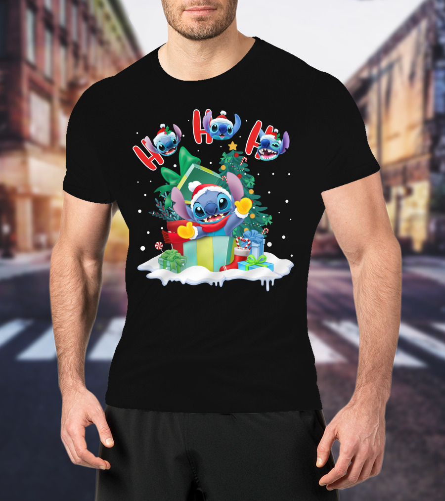 Stitch Holiday Ho Ho Ho Christmas Tree Presents T-Shirt