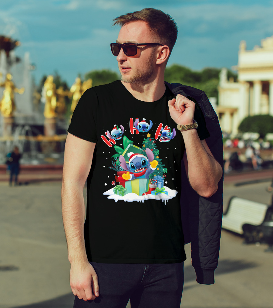 Stitch Holiday Ho Ho Ho Christmas Tree Presents T-Shirt