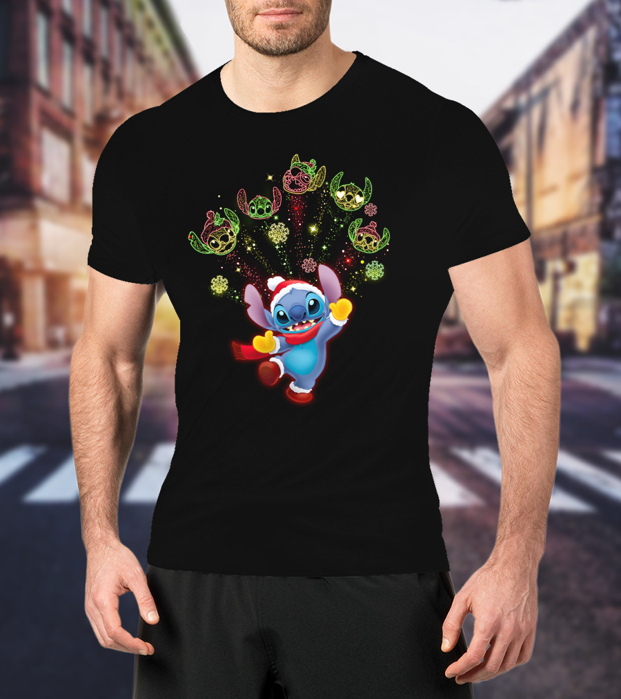 Stitch Holiday Festive Celebration With Santa Hat And Colorful Lights T-Shirt
