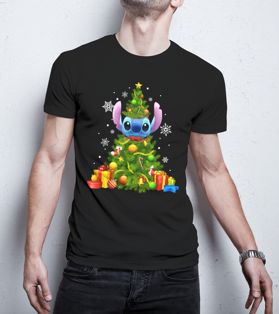 Stitch Christmas Tree With Gifts And Snowflakes T-Shirt