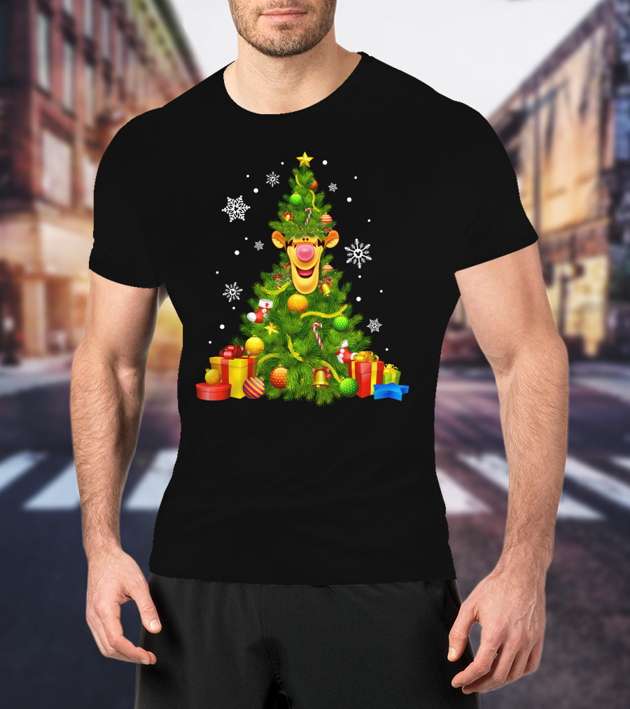 Tigger Christmas Tree With Snowflakes And Gifts T-Shirt