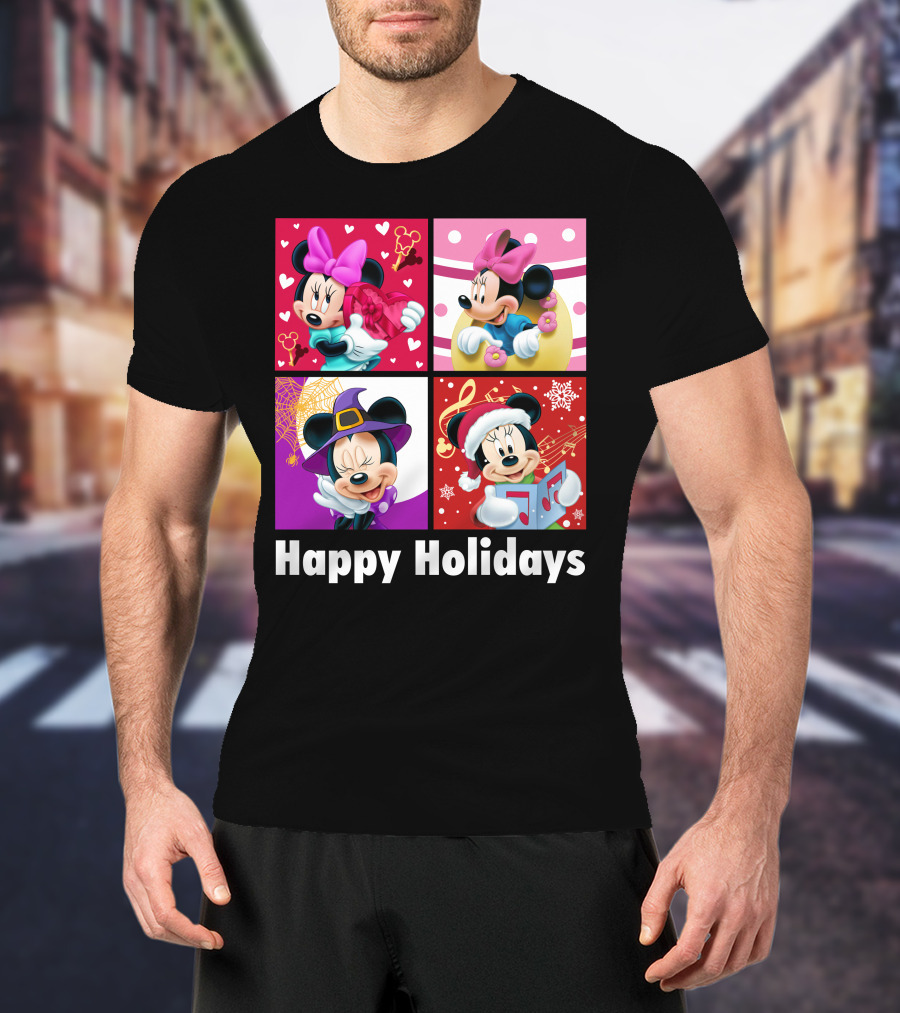 Minnie Happy Holidays With Hearts Bows Witch Hat Santa Hat And Gifts T-Shirt