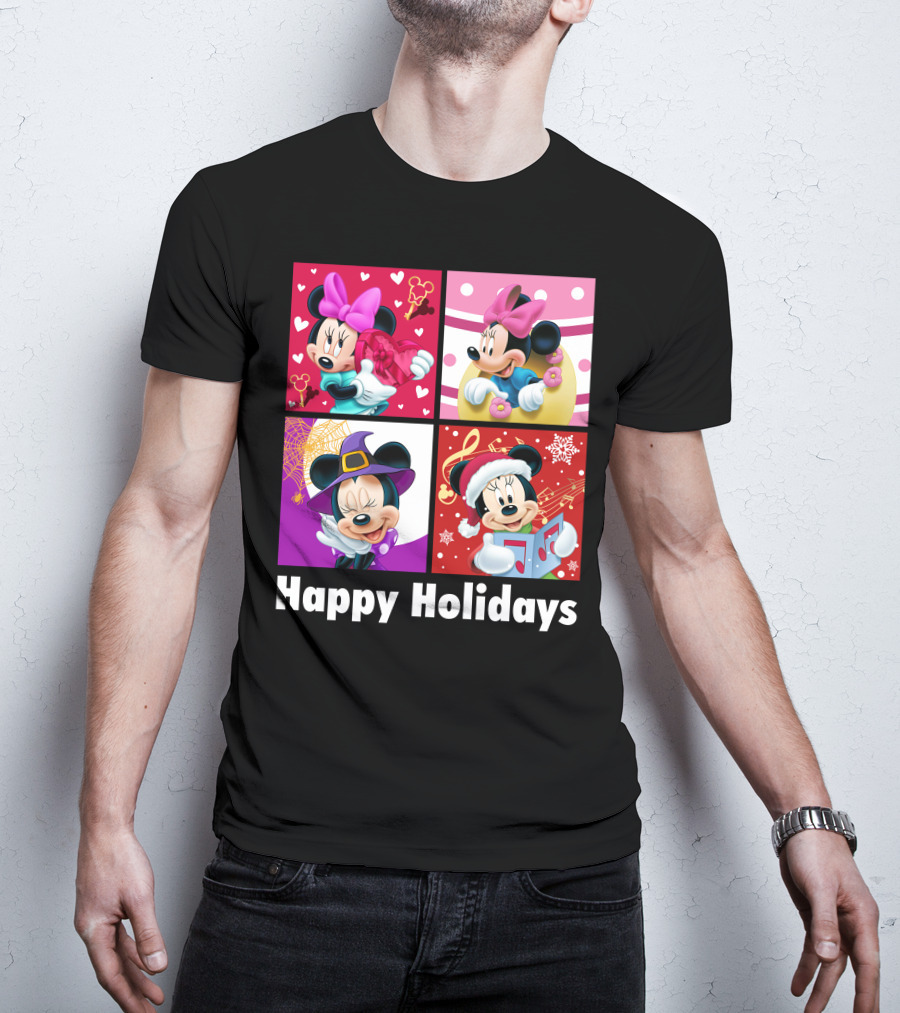 Minnie Happy Holidays With Hearts Bows Witch Hat Santa Hat And Gifts T-Shirt