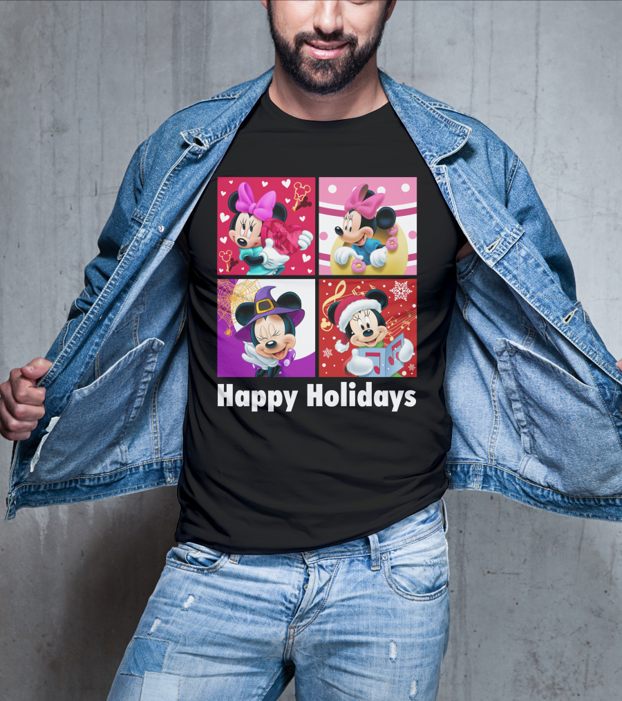 Minnie Happy Holidays With Hearts Bows Witch Hat Santa Hat And Gifts T-Shirt