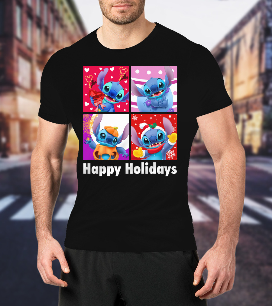 Happy Holidays Stitch Seasonal Mickey Hearts Christmas Pumpkin T-Shirt