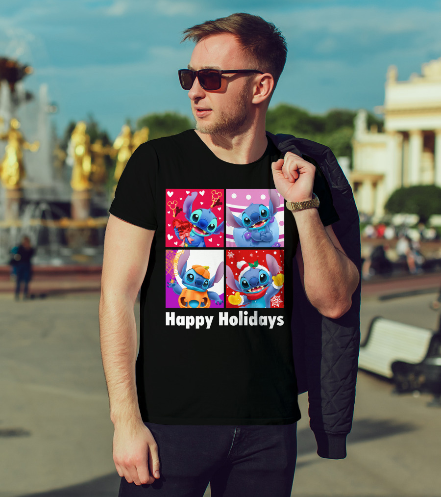 Happy Holidays Stitch Seasonal Mickey Hearts Christmas Pumpkin T-Shirt