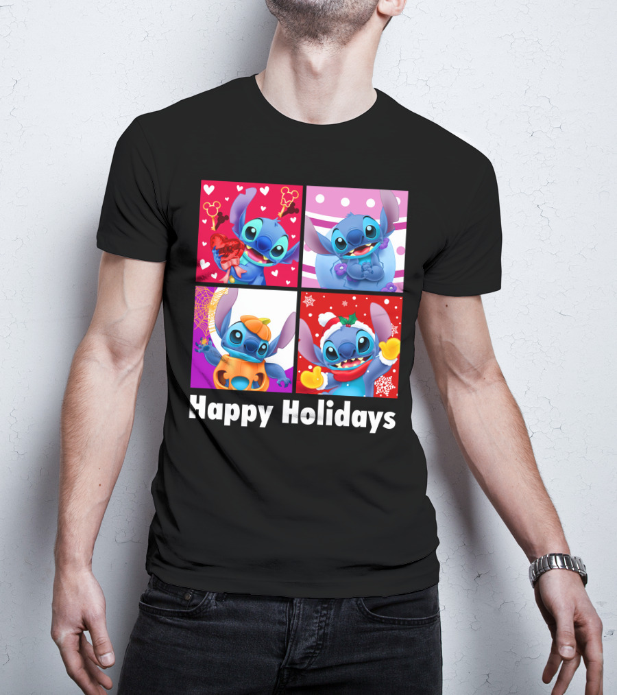 Happy Holidays Stitch Seasonal Mickey Hearts Christmas Pumpkin T-Shirt