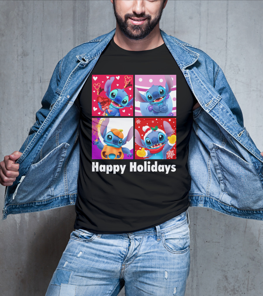 Happy Holidays Stitch Seasonal Mickey Hearts Christmas Pumpkin T-Shirt