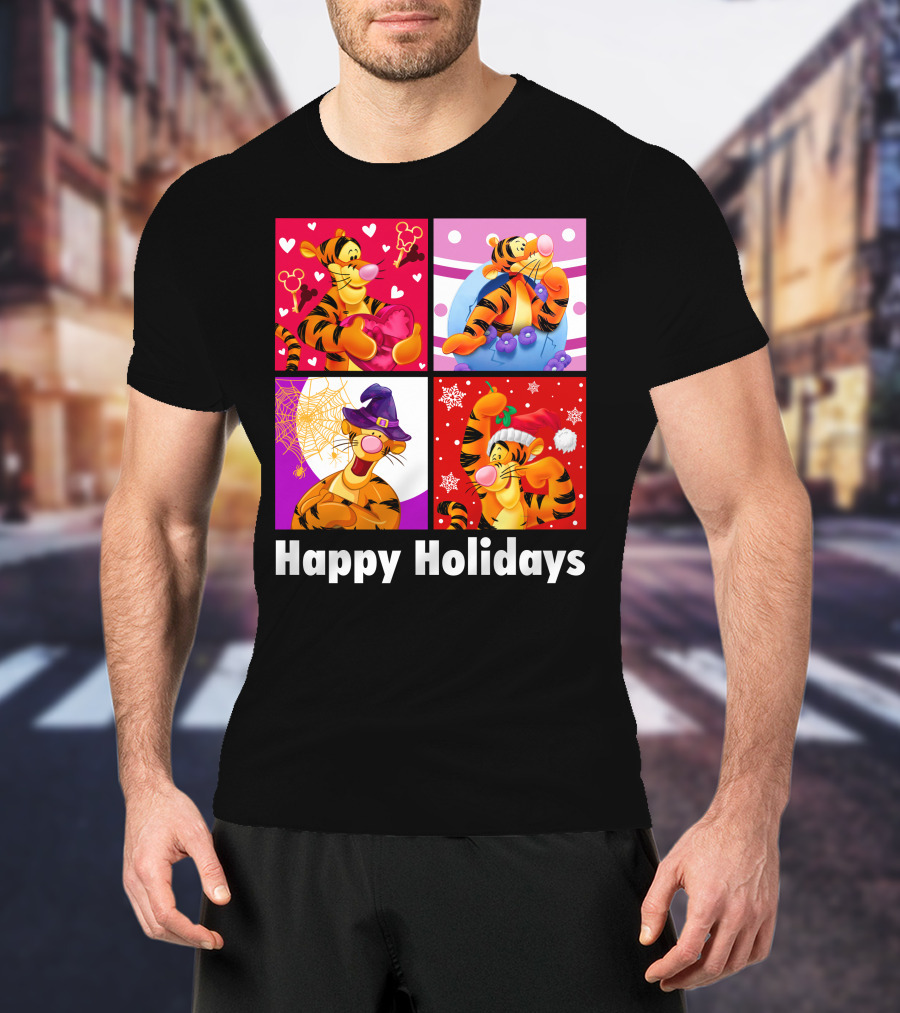 Happy Holidays Tigger Mickey Hearts Santa Halloween T-Shirt