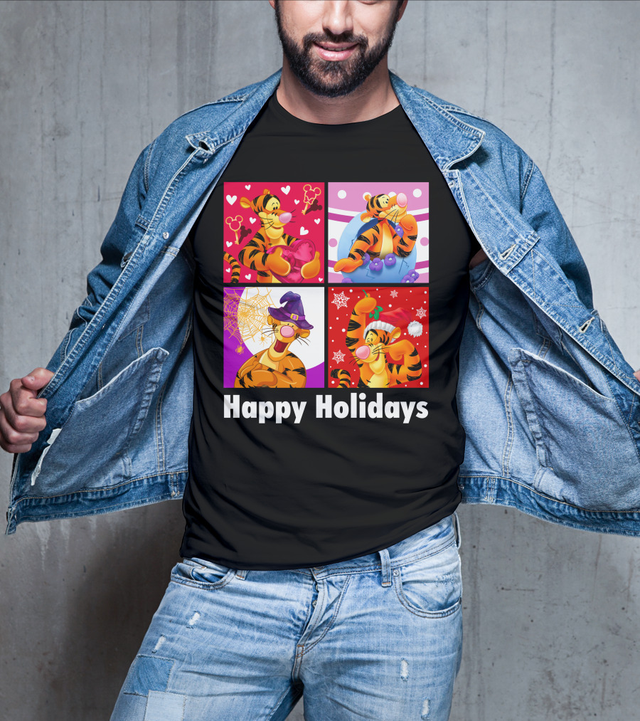 Happy Holidays Tigger Mickey Hearts Santa Halloween T-Shirt