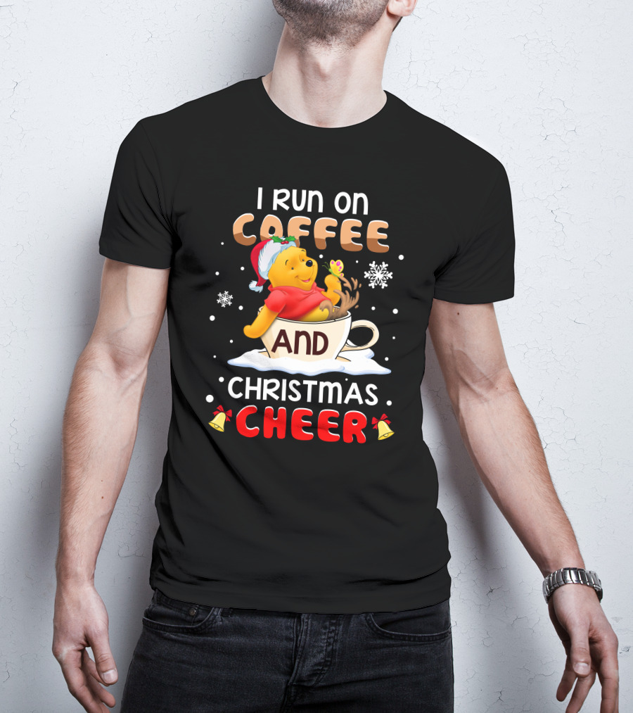 I Run On Coffee And Christmas Cheer Snowflakes Bells Santa Hat Cup Cartoon Bear T-Shirt