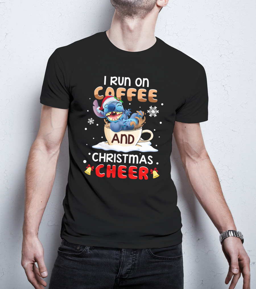 I Run On Coffee And Christmas Cheer Stitch Santa Hat Snowflakes Holiday T-Shirt