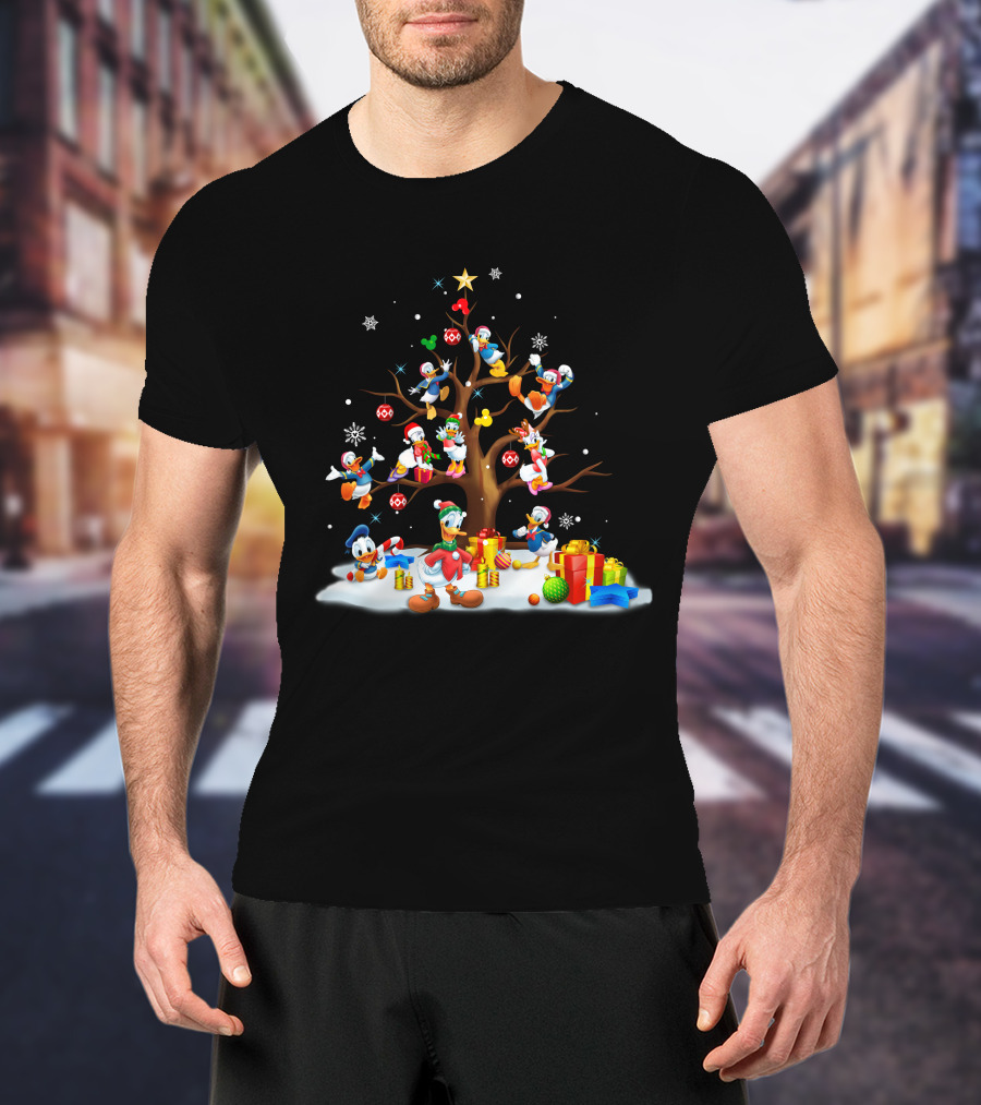 Donald Daisy Christmas Tree With Disney Characters And Snowflakes T-Shirt