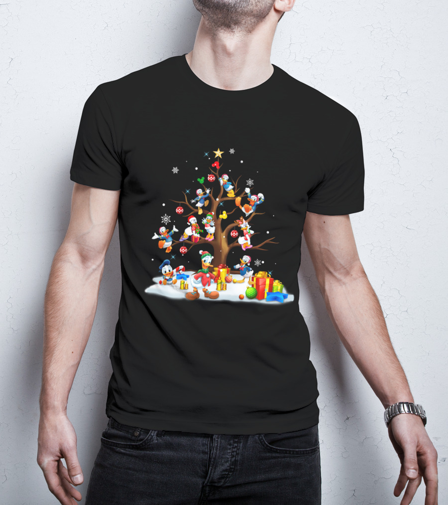 Donald Daisy Christmas Tree With Disney Characters And Snowflakes T-Shirt