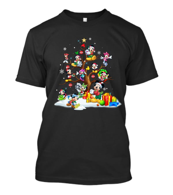 Mickey Minnie Christmas Holiday Tree With Gifts And Snowflakes T-Shirt