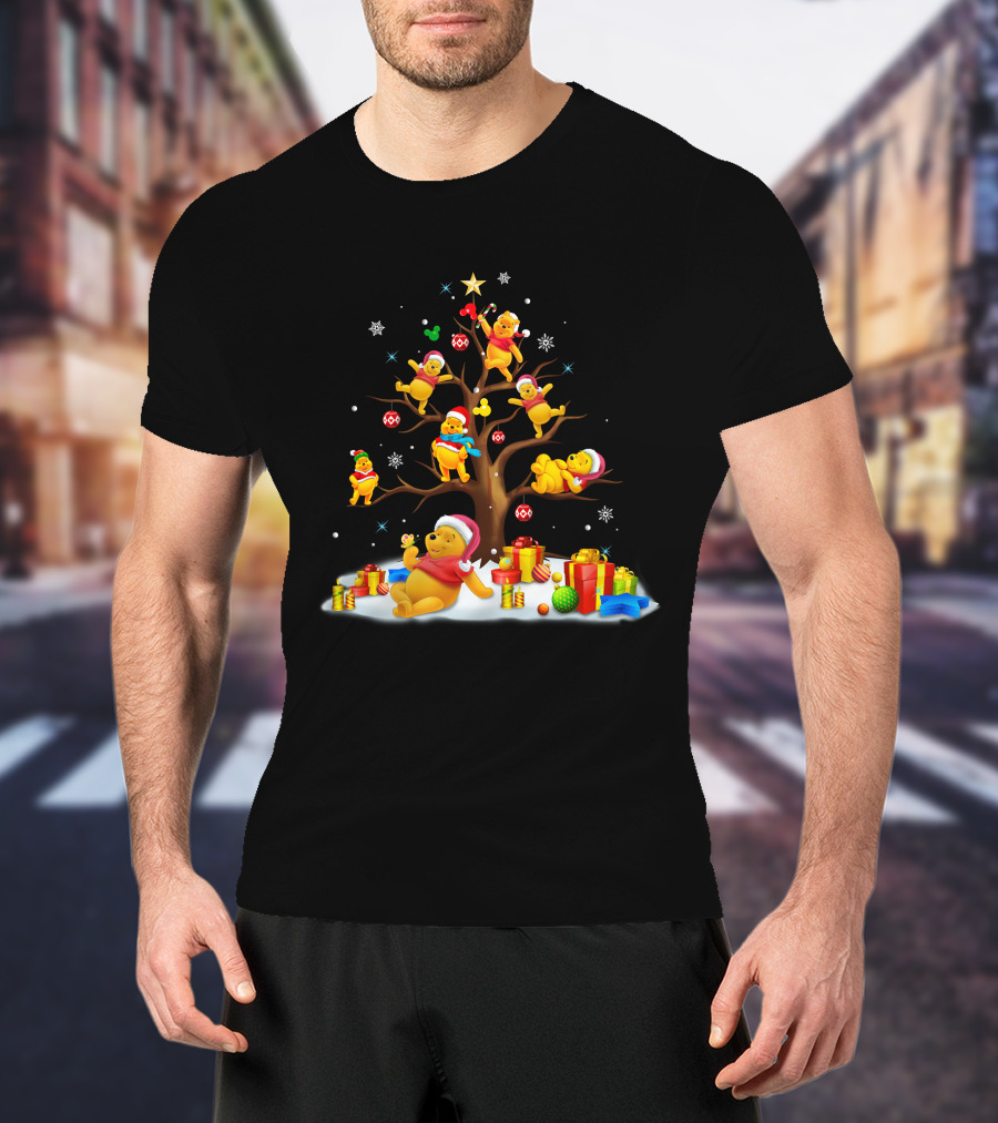 Pooh Bear Christmas Tree With Santa Hat And Presents T-Shirt