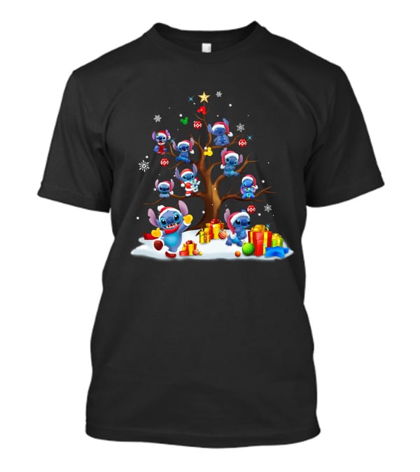 Stitch Christmas Tree With Santa Hats And Gifts T-Shirt