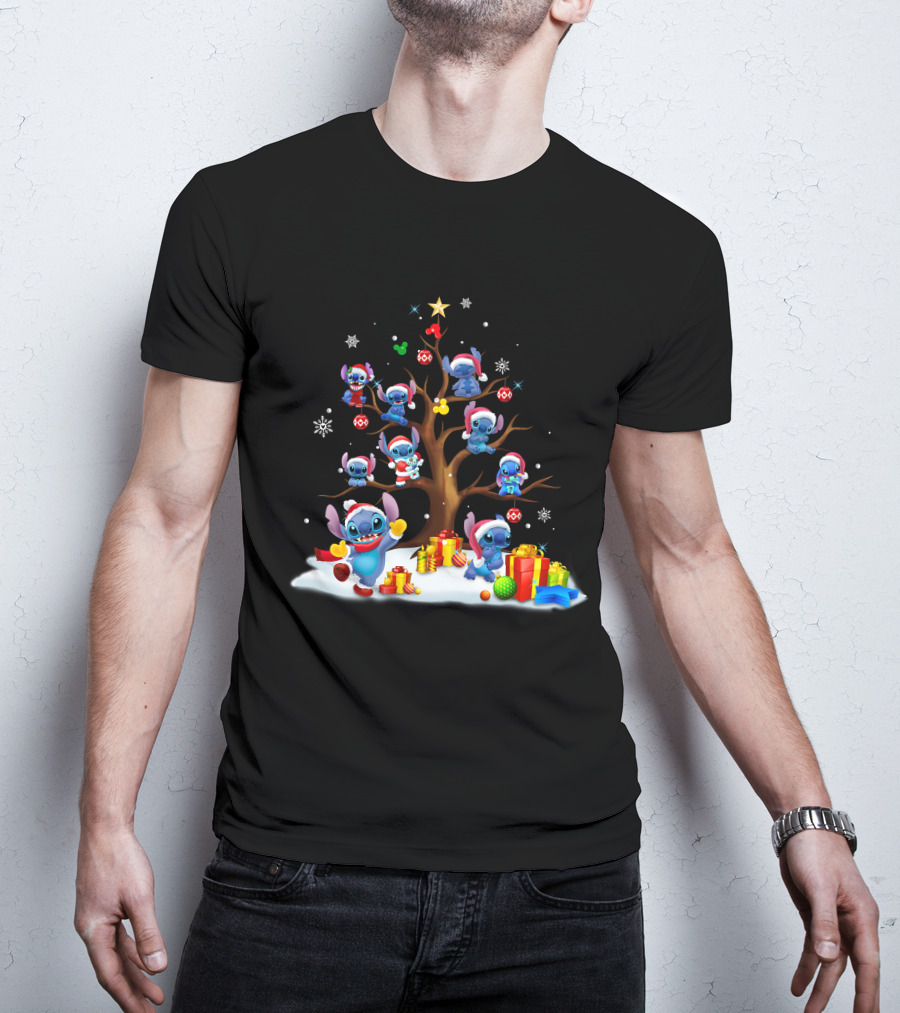 Stitch Christmas Tree With Santa Hats And Gifts T-Shirt