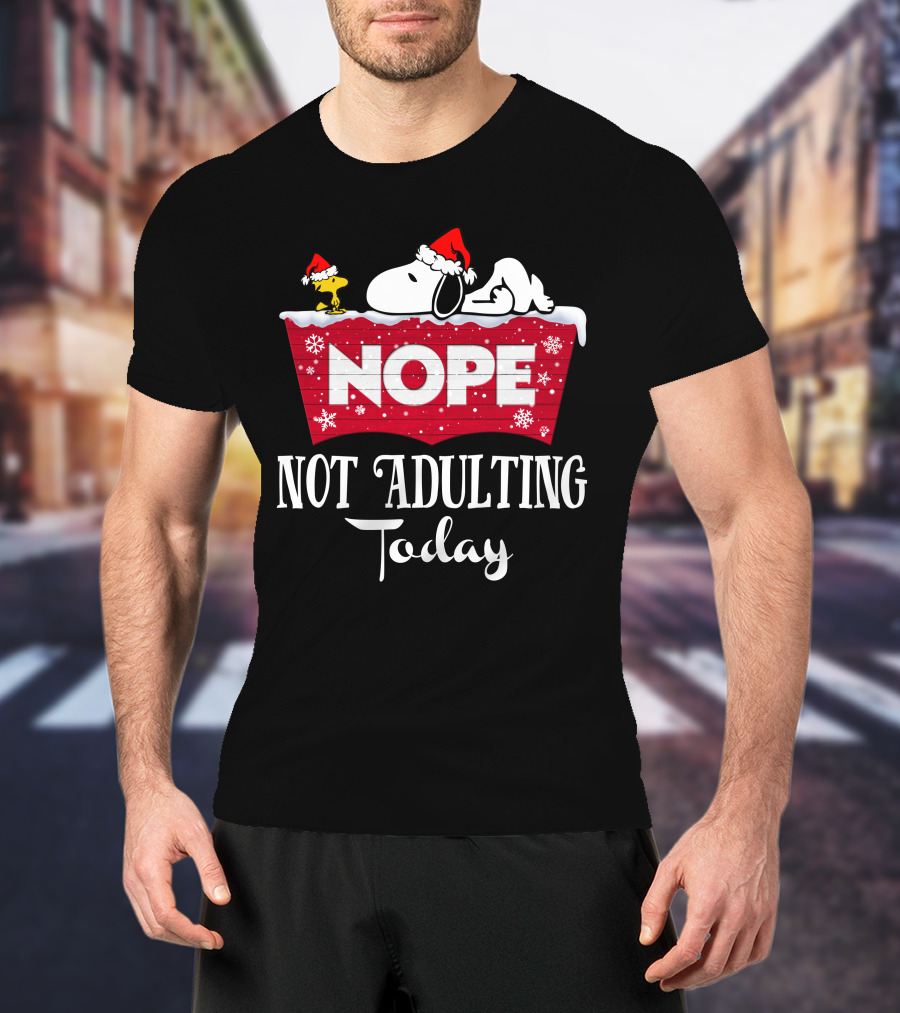Snoopy Nope Not Adulting Today Christmas Santa Hat Snowflakes T-Shirt