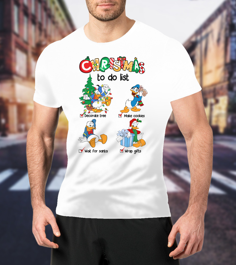 Christmas To Do List Donald Duck Decorate Tree Make Cookies Wait For Santa Wrap Gifts T-Shirt