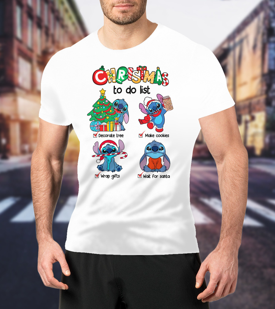 Christmas To Do List Decorate Tree Make Cookies Wrap Gifts Wait For Santa Stitch T-Shirt