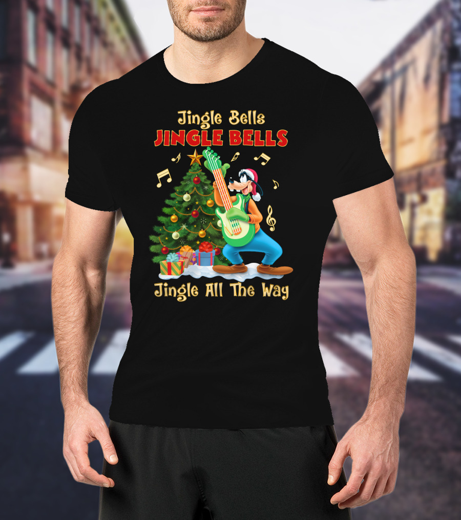 Jingle Bells Jingle Bells Jingle All The Way Goofy Christmas Tree Guitar T-Shirt