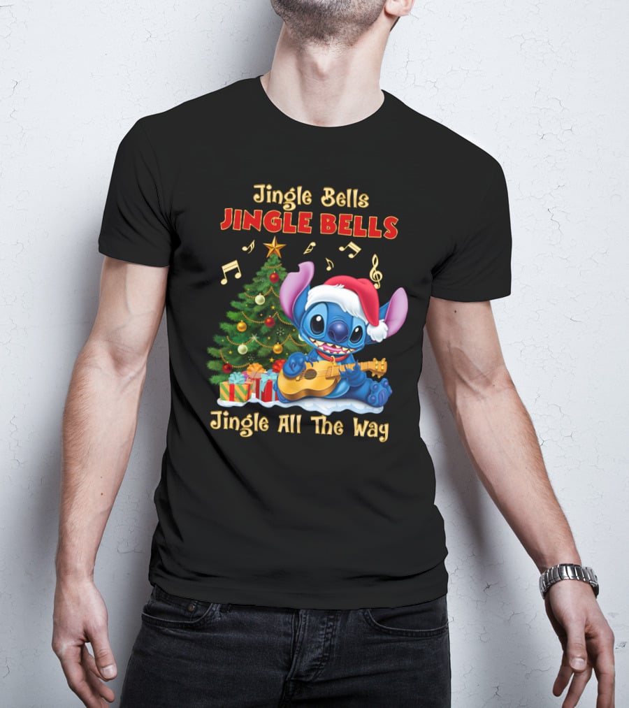 Jingle Bells Jingle Bells Jingle All The Way Stitch Christmas Tree Ukulele T-Shirt