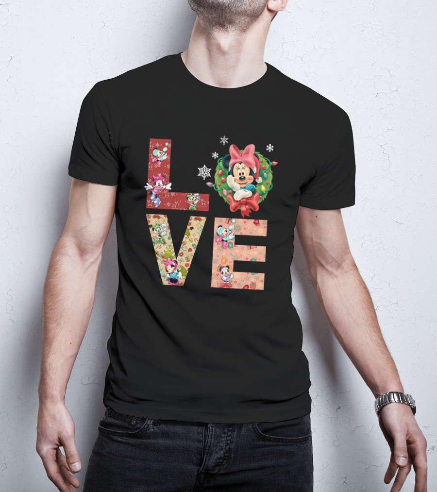 Minnie Mouse Christmas Love Snowflakes Holiday Wreath T-Shirt