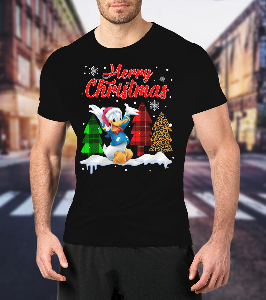 Merry Christmas Donald Duck With Festive Plaid And Leopard Trees T-Shirt