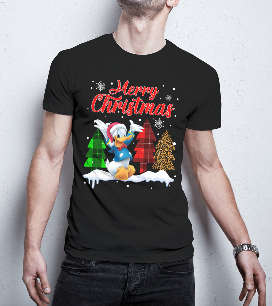 Merry Christmas Donald Duck With Festive Plaid And Leopard Trees T-Shirt