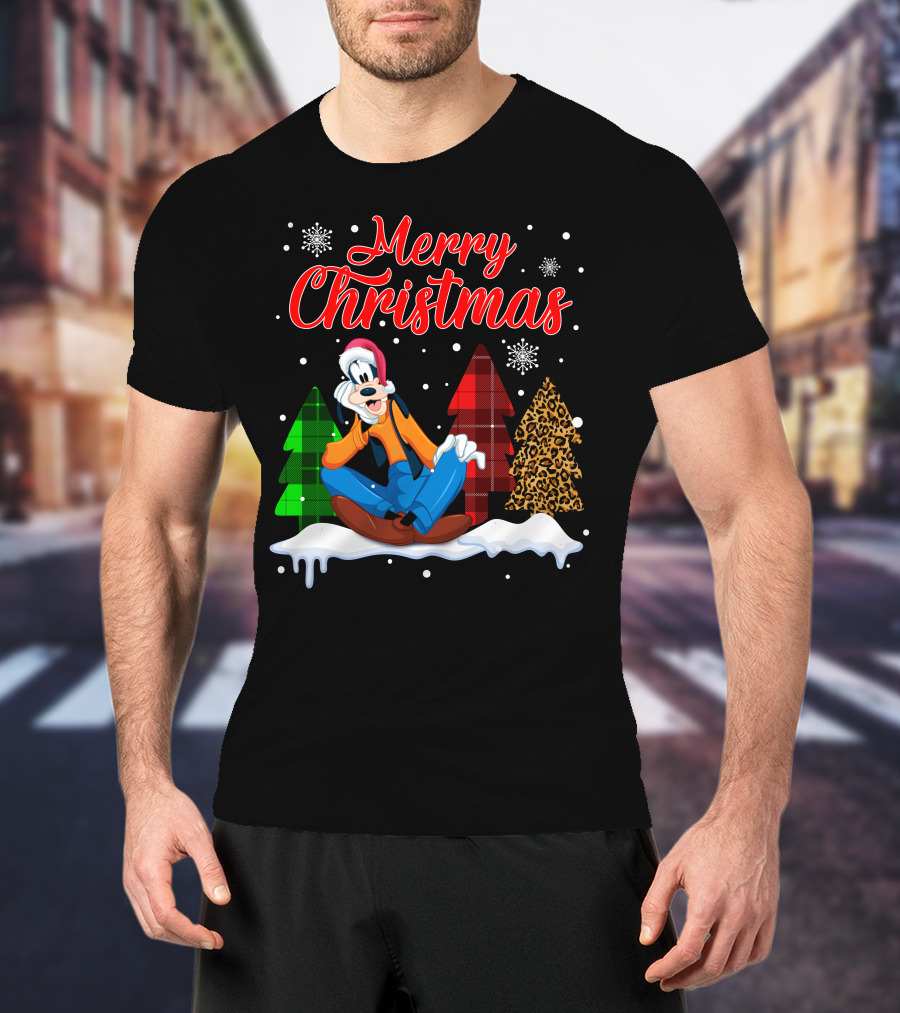 Merry Christmas Goofy With Plaid And Leopard Trees Snowflakes T-Shirt