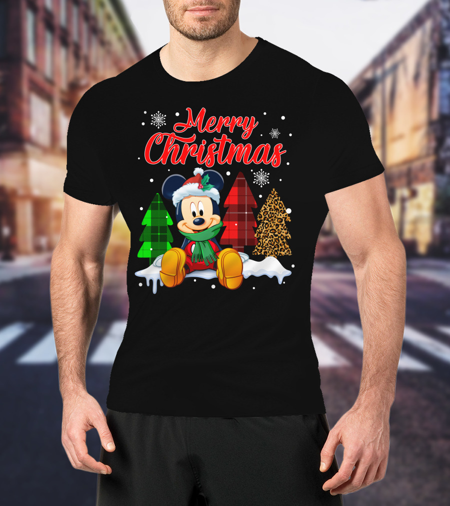 Merry Christmas Mickey Mouse With Plaid And Leopard Trees And Snowflakes T-Shirt
