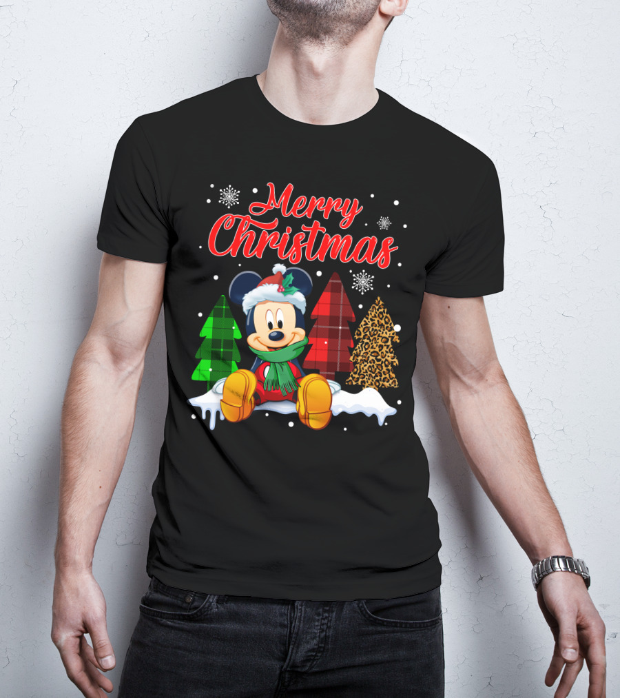 Merry Christmas Mickey Mouse With Plaid And Leopard Trees And Snowflakes T-Shirt