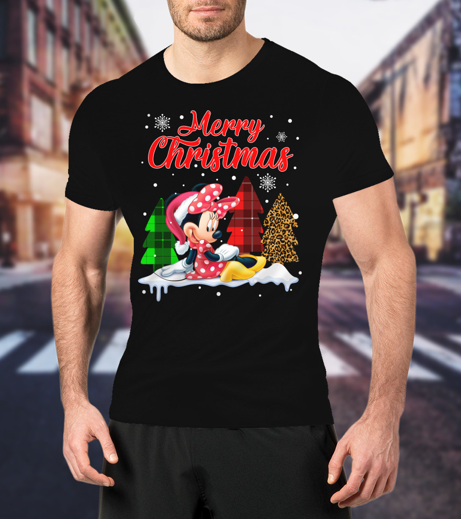 Minnie Merry Christmas Snowflakes Plaid Trees T-Shirt