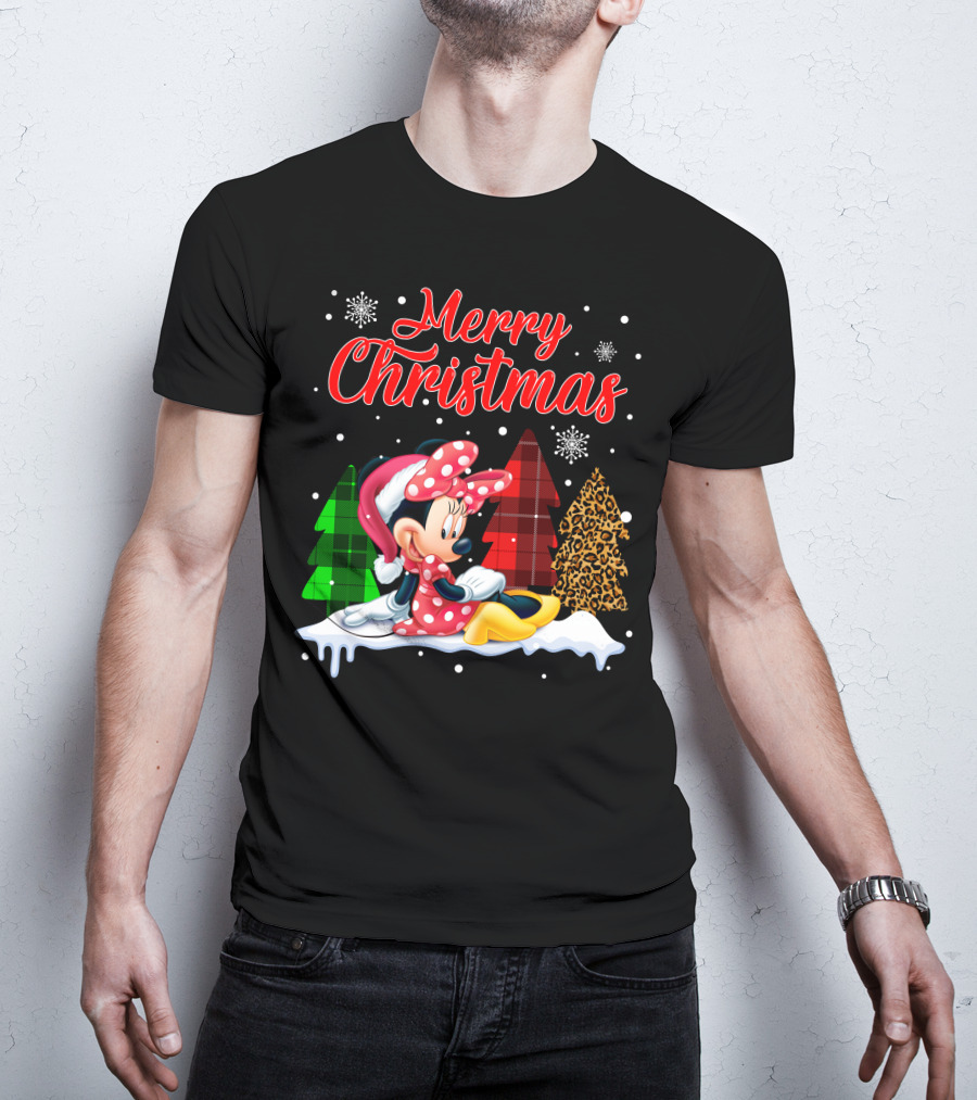 Minnie Merry Christmas Snowflakes Plaid Trees T-Shirt