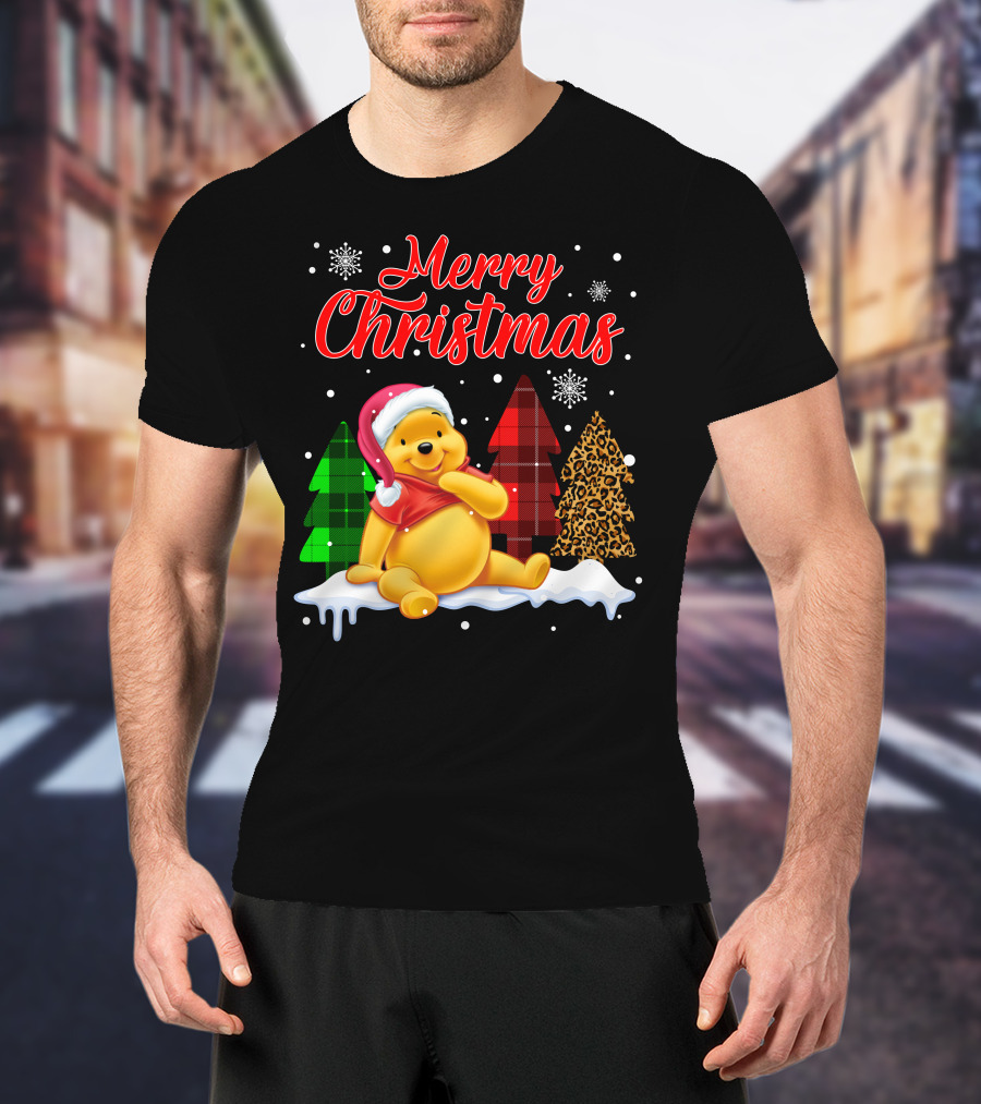 Merry Christmas Pooh Snowflakes Plaid Trees Santa Hat T-Shirt