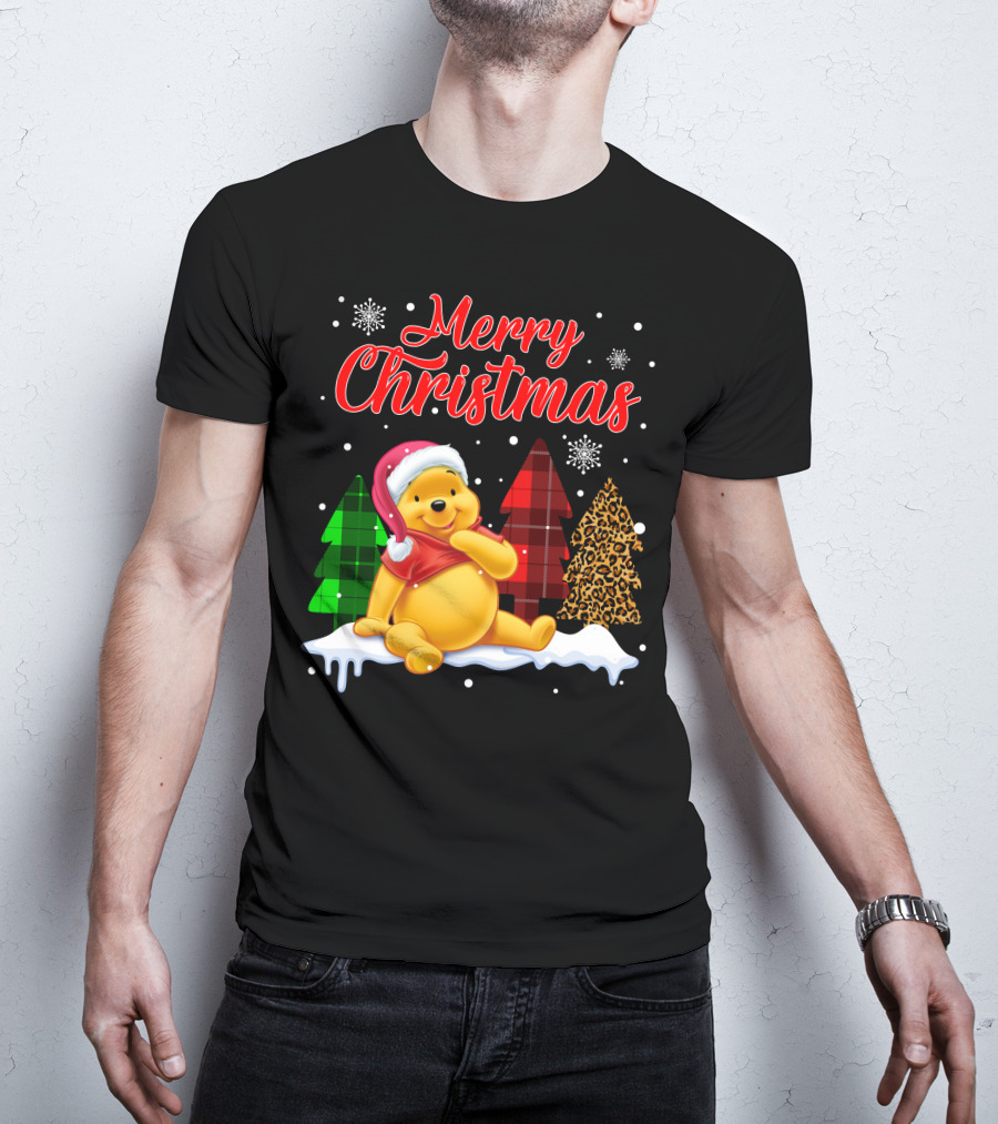 Merry Christmas Pooh Snowflakes Plaid Trees Santa Hat T-Shirt