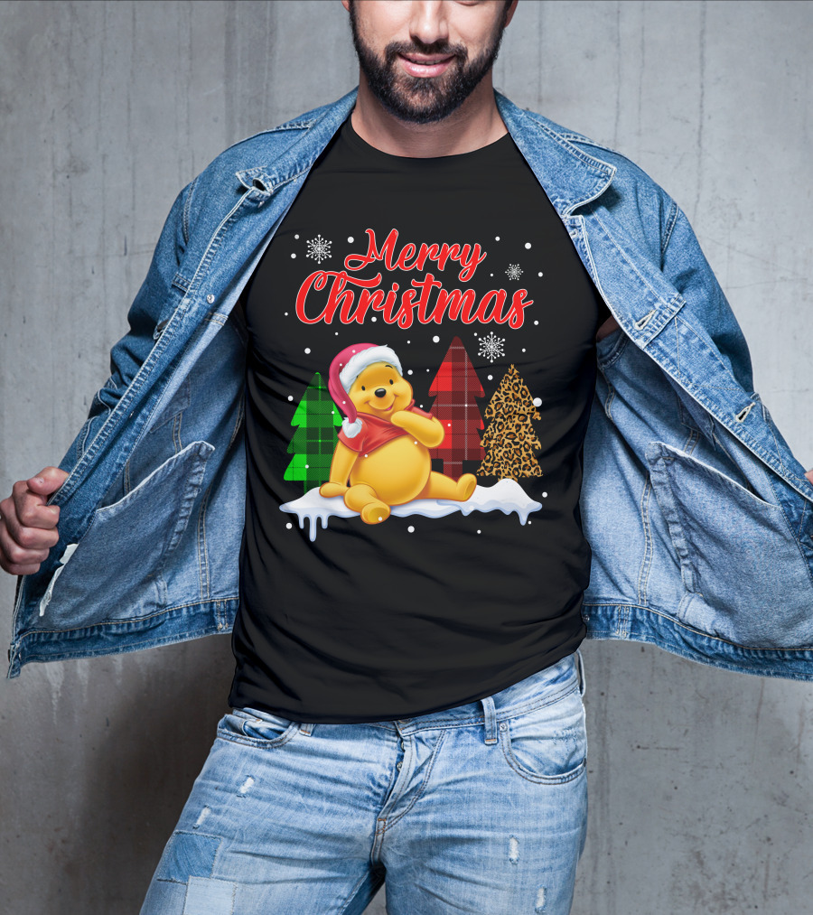 Merry Christmas Pooh Snowflakes Plaid Trees Santa Hat T-Shirt