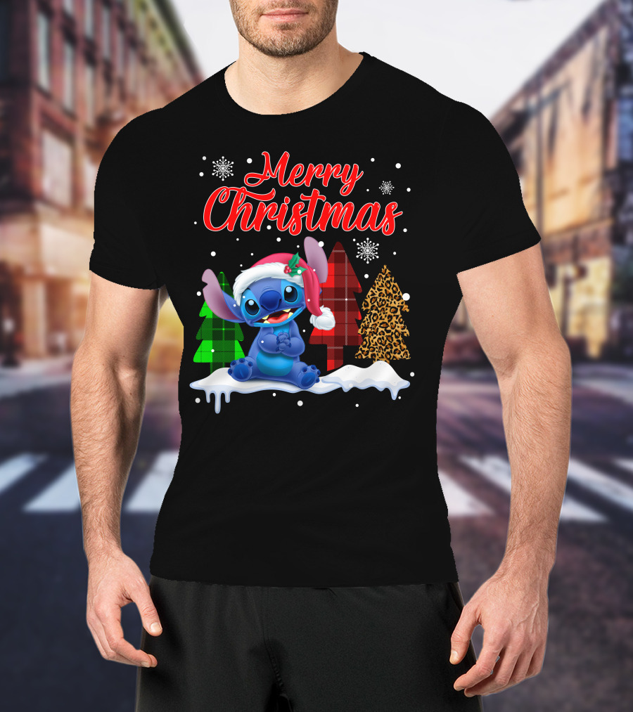 Merry Christmas Stitch Santa Hat Snow Plaid Trees T-Shirt