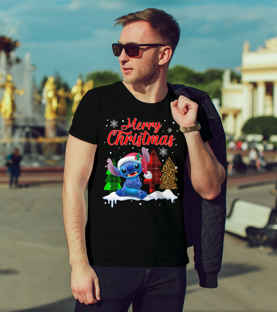 Merry Christmas Stitch Santa Hat Snow Plaid Trees T-Shirt
