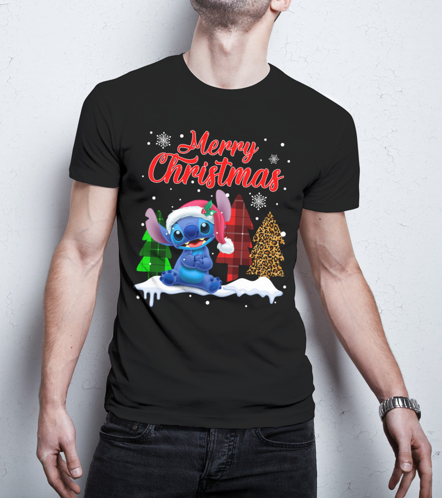 Merry Christmas Stitch Santa Hat Snow Plaid Trees T-Shirt