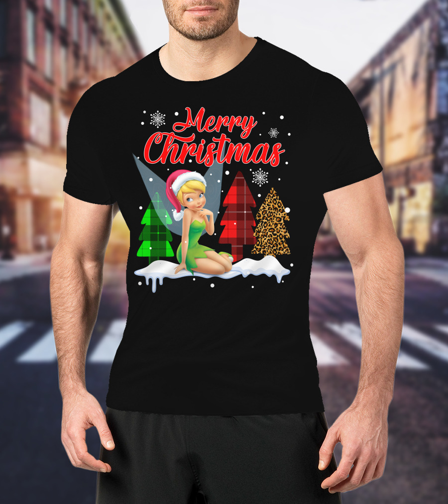 Merry Christmas Tinkerbell Santa Hat Plaid And Leopard Trees Snowflakes T-Shirt
