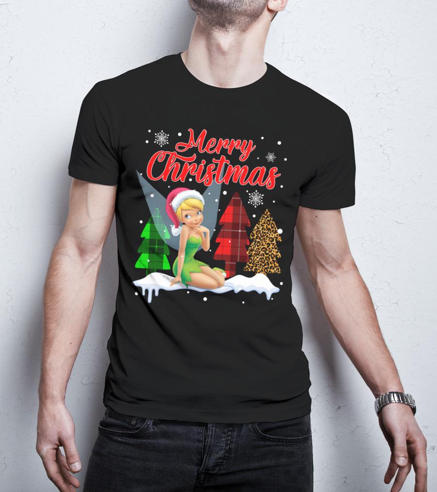 Merry Christmas Tinkerbell Santa Hat Plaid And Leopard Trees Snowflakes T-Shirt
