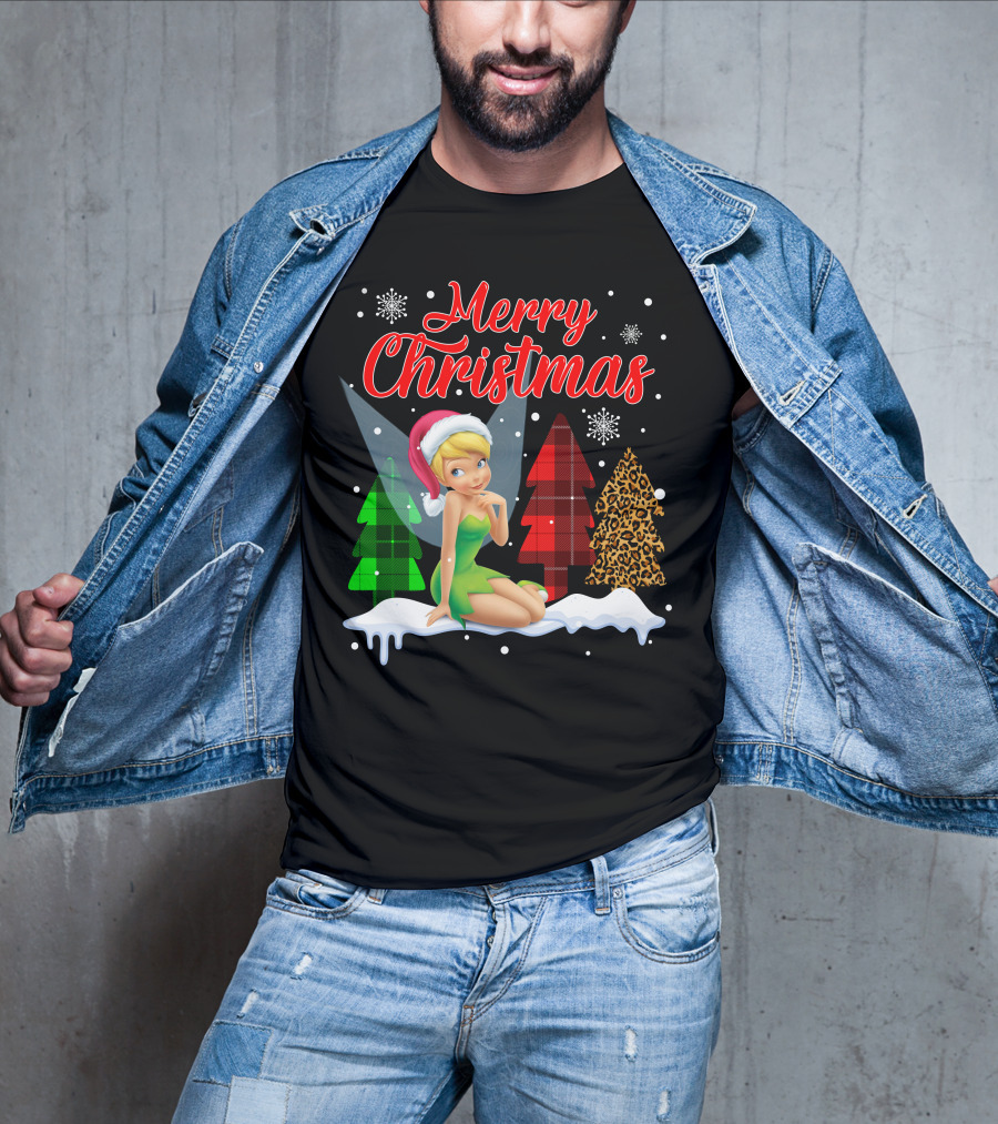 Merry Christmas Tinkerbell Santa Hat Plaid And Leopard Trees Snowflakes T-Shirt