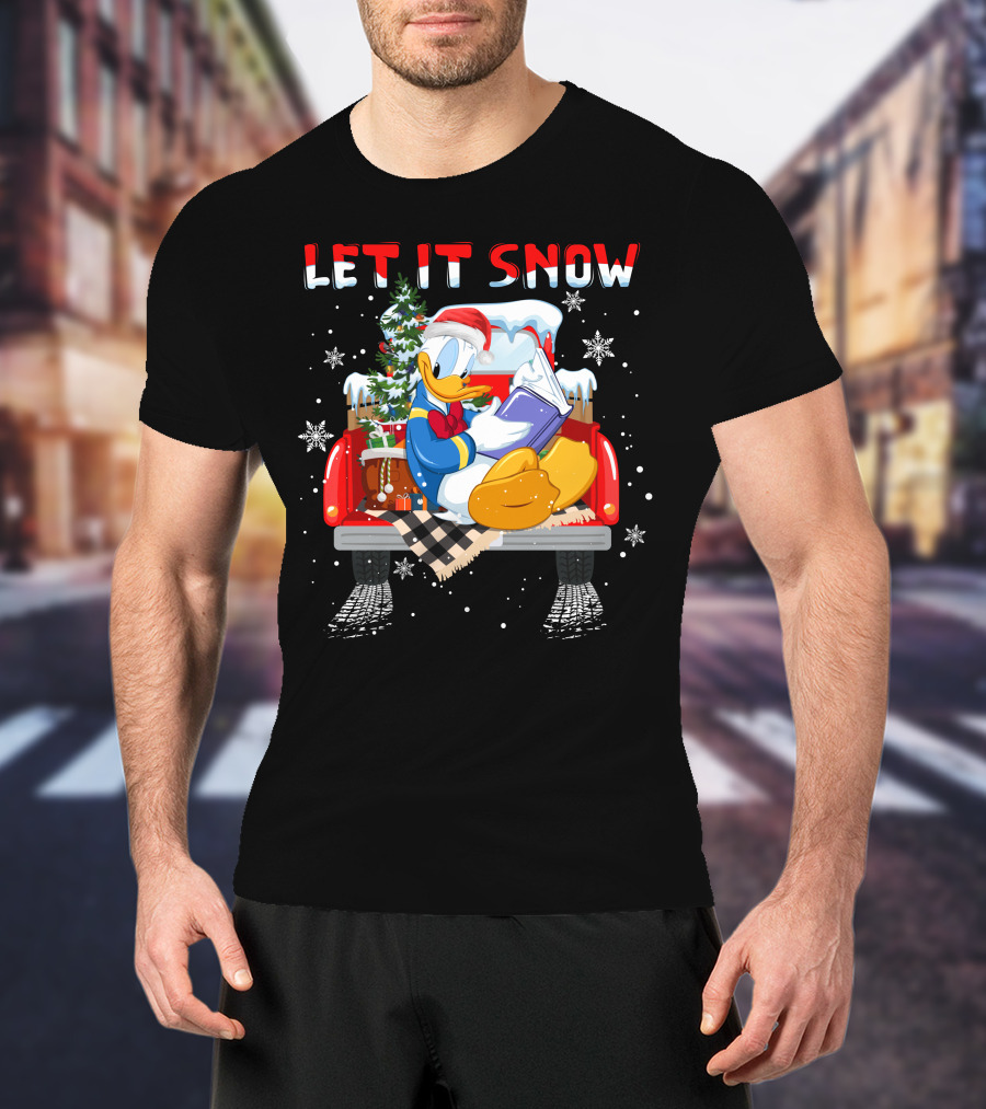 Let It Snow Donald Santa Hat Reading Winter Snowflakes Christmas Tree Red Truck T-Shirt